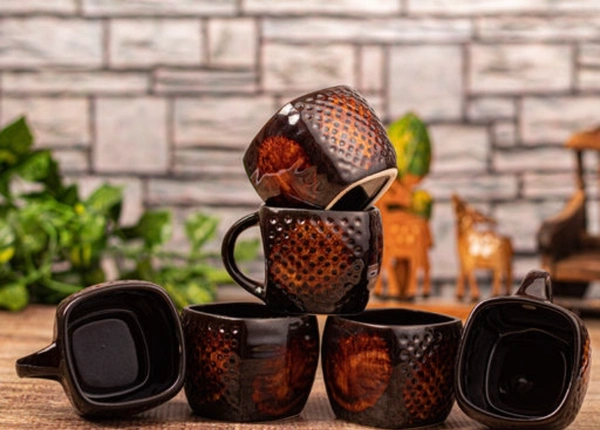 Brown Dotted Square Ceramic Tea Cups Set of 6 - Free Size, Brown, Ceramic, Pack of1